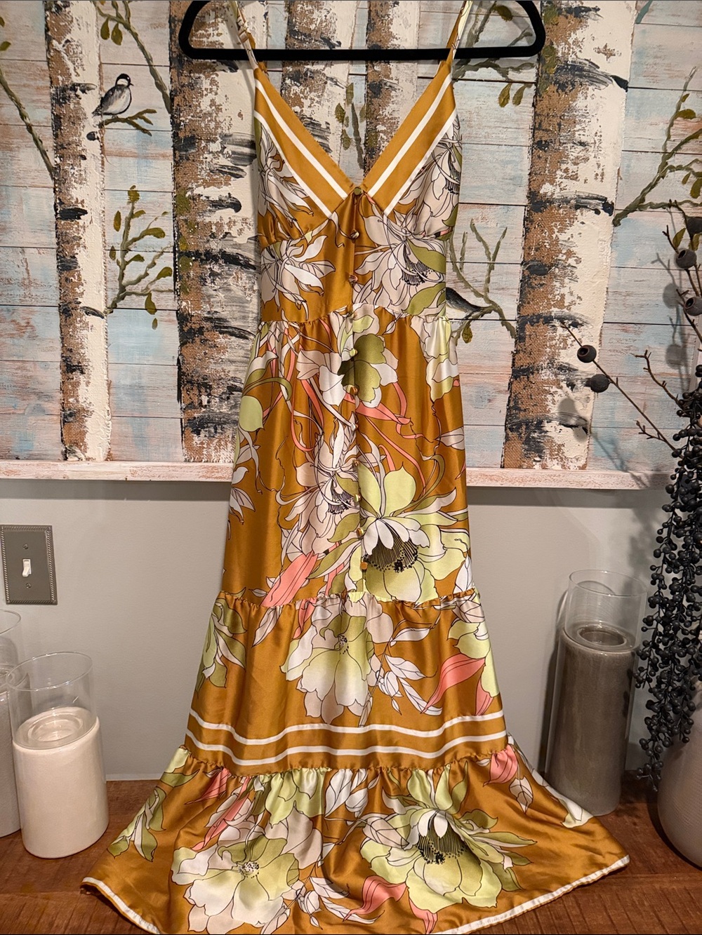 ryegrass Floral Satin Maxi Dress in Mustard Yellow
